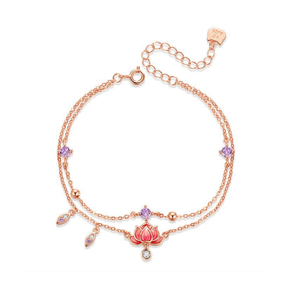 Rockyu アンクレット レディース ピンクゴールド 蓮華チャーム 二連チェーン 紫ジルコニア ステンレス 金属アレルギー対応