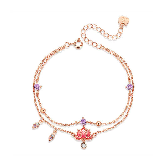 Rockyu アンクレット レディース ピンクゴールド 蓮華チャーム 二連チェーン 紫ジルコニア ステンレス 金属アレルギー対応