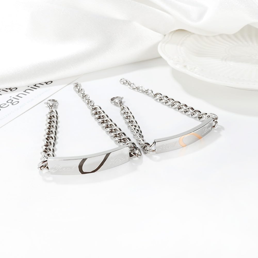ペアブレスレット カップル お揃い メンズ レディース ステンレス製 金属アレルギー対応 Real Love 刻印 シルバー ブラック＆ピンク