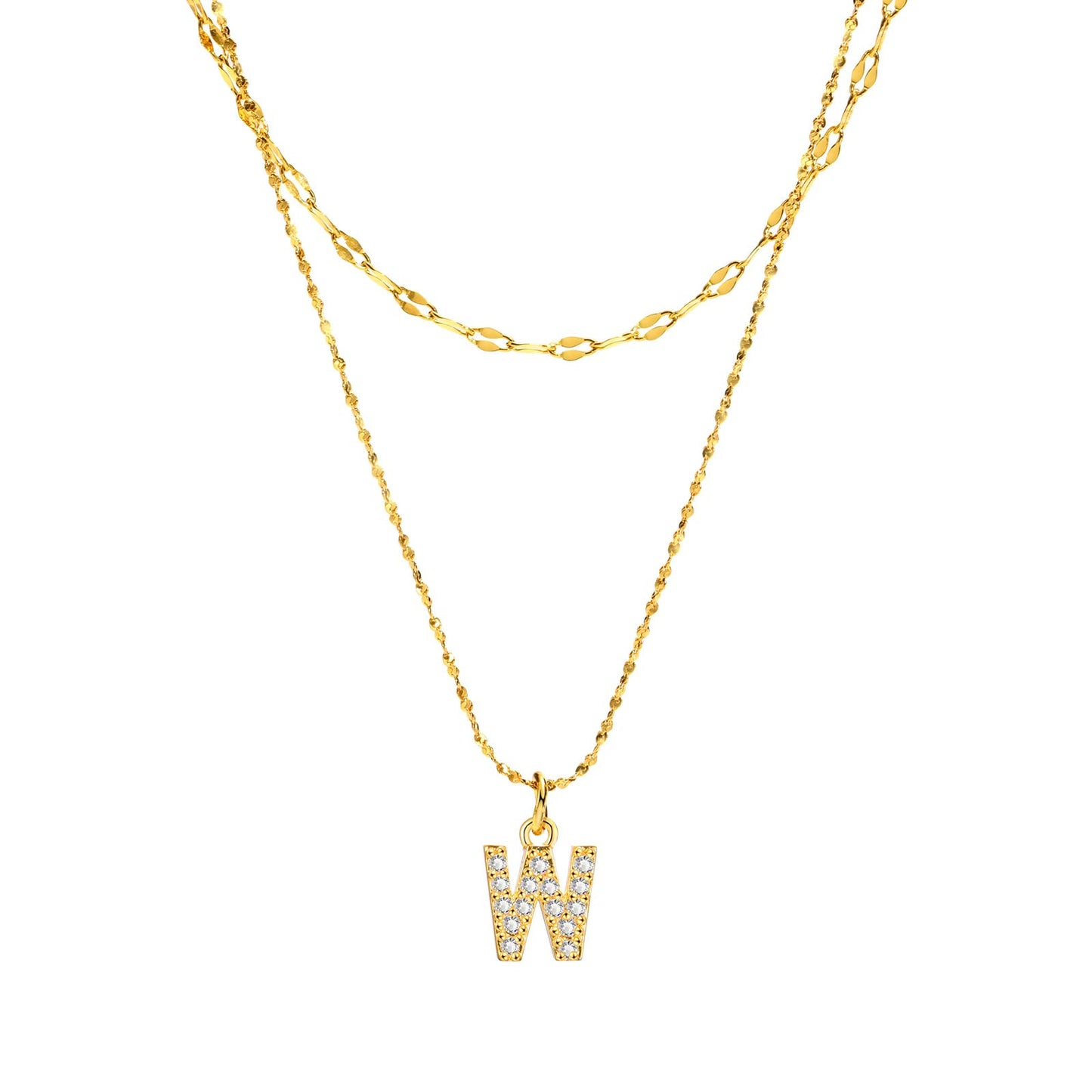 Rockyu イニシャルネックレス レディース ゴールド A〜Z 26文字 ジルコニア 二連チェーン ステンレス製 金属アレルギー対応