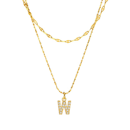 Rockyu イニシャルネックレス レディース ゴールド A〜Z 26文字 ジルコニア 二連チェーン ステンレス製 金属アレルギー対応