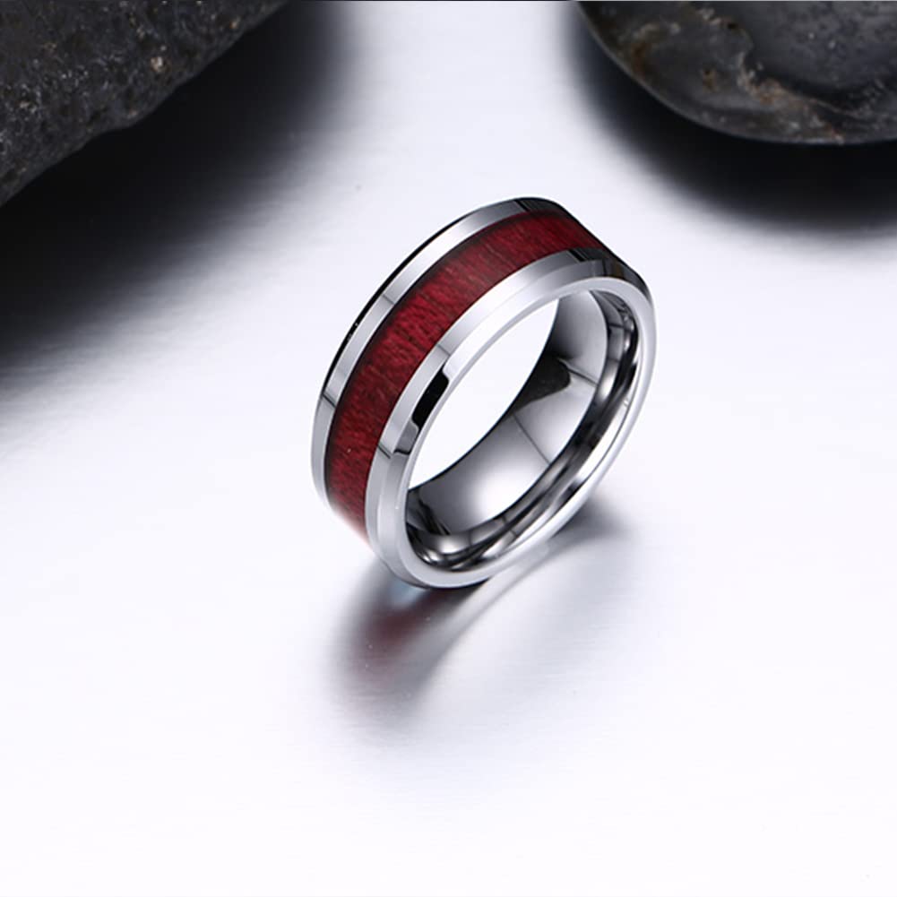 Rockyu タングステンウッドインレイリング メンズ｜8mm幅 シルバー×木目 マット仕上げ