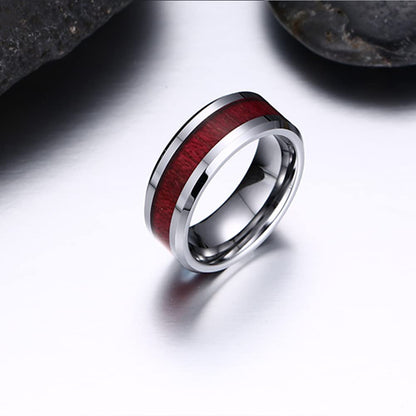 Rockyu タングステンウッドインレイリング メンズ｜8mm幅 シルバー×木目 マット仕上げ