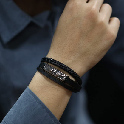 Rockyu メンズ ブレスレット スカル レザー ブラック 3連デザイン 翼モチーフ おしゃれ アクセサリー