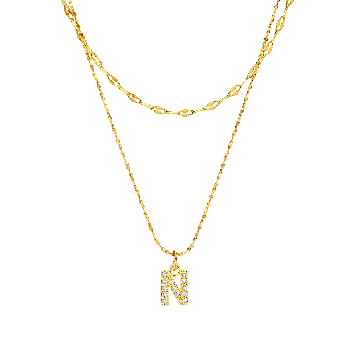 Rockyu イニシャルネックレス レディース ゴールド A〜Z 26文字 ジルコニア 二連チェーン ステンレス製 金属アレルギー対応