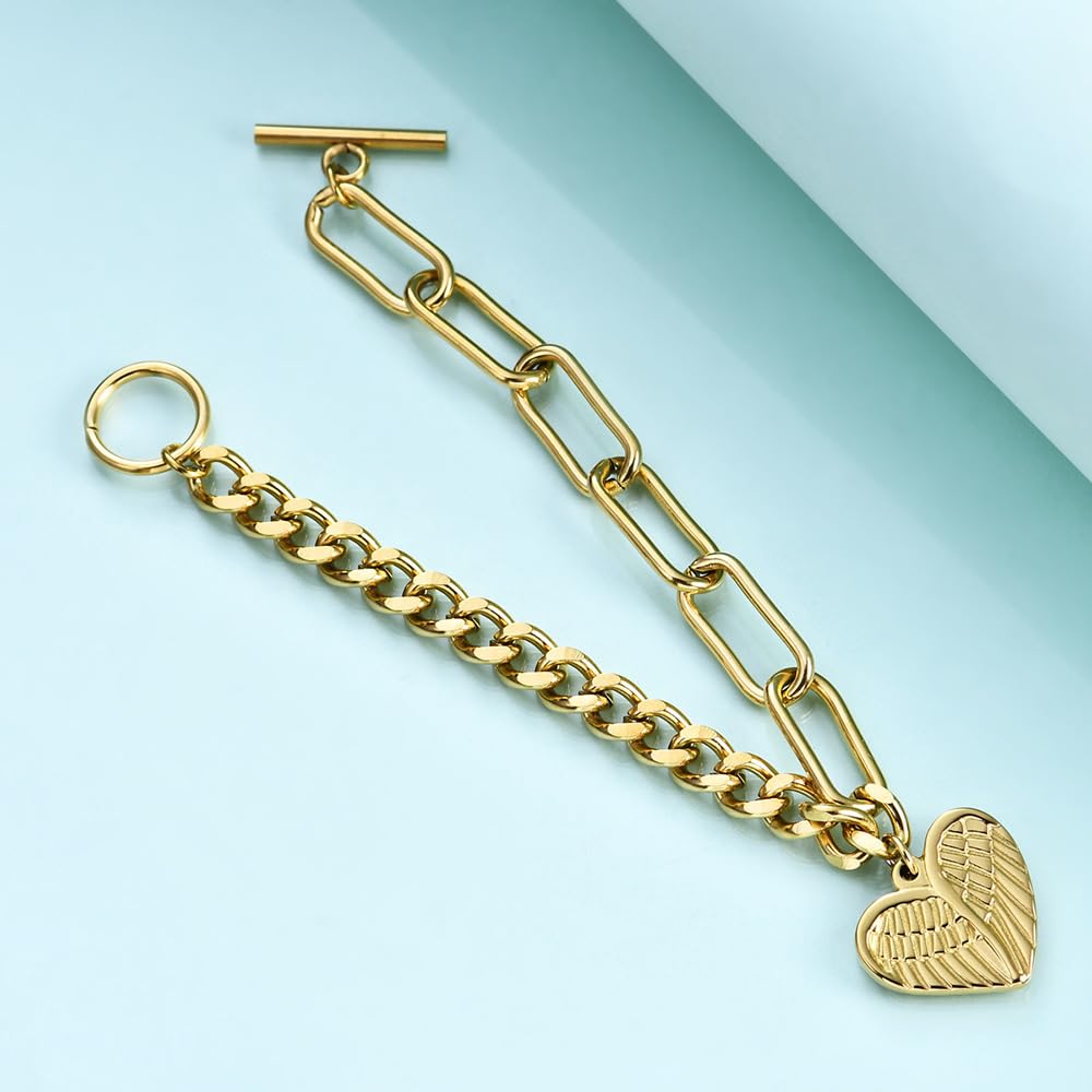 Rockyu ブレスレット レディース ハートチャーム付き 天使の翼モチーフ OTチェーン 18cm