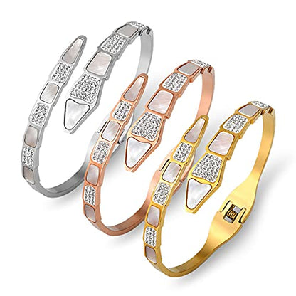 Rockyu 蛇モチーフ チタン製バングル レディース – ジルコニア×シェルの華やかブレスレット（3色展開）