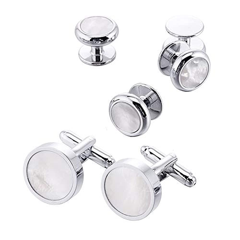 Rockyu メンズ カフスボタン セット 白蝶貝 ステンレス ゴールド シルバー スタッド 結婚式 ビジネス
