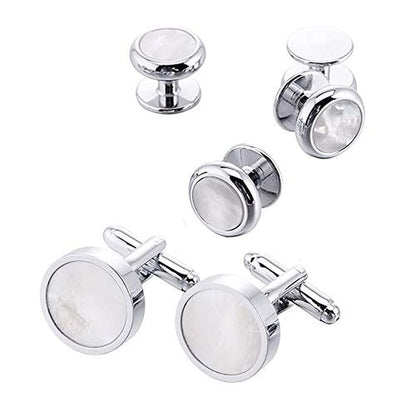 Rockyu メンズ カフスボタン セット 白蝶貝 ステンレス ゴールド シルバー スタッド 結婚式 ビジネス