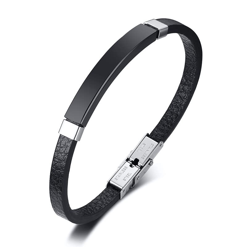 Rockyu ブレスレット メンズ 本革 プレートデザイン ステンレス製 金属アレルギー対応 レザーバングル