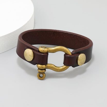 Rockyu ブレスレット メンズ 本革 馬蹄クラスプ アンティーク調 レザーバンド カジュアルアクセサリー