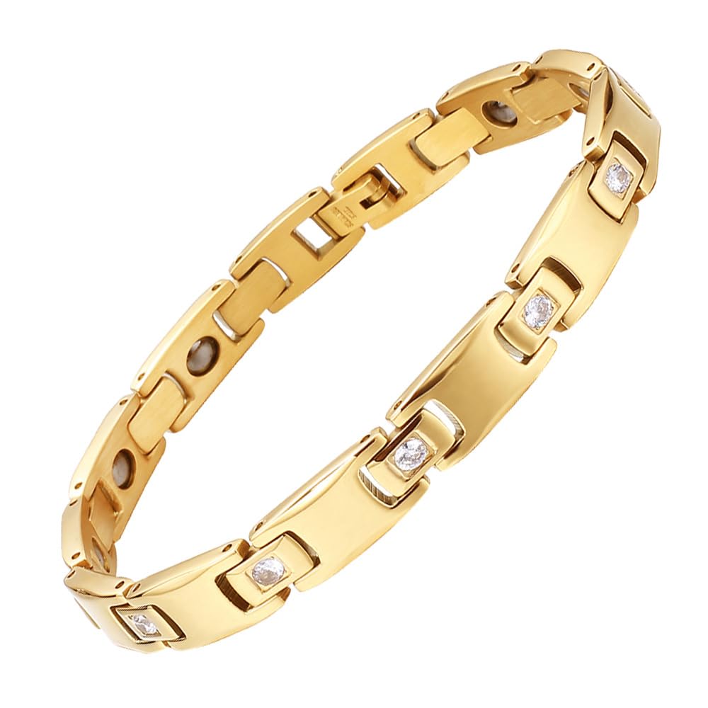 Rockyu 純チタン ゲルマニウム磁気ブレスレット レディース ゴールド＆シルバー＆ブラック 10mm