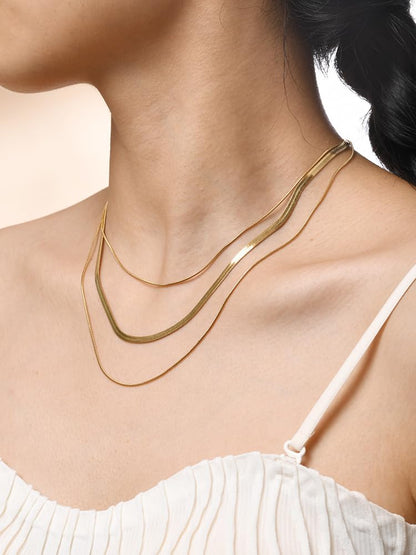 Rockyu ネックレス レディース ゴールド ステンレス製 三連チェーン 3.2mm 調整可能 IPゴールドメッキ アレルギー対応