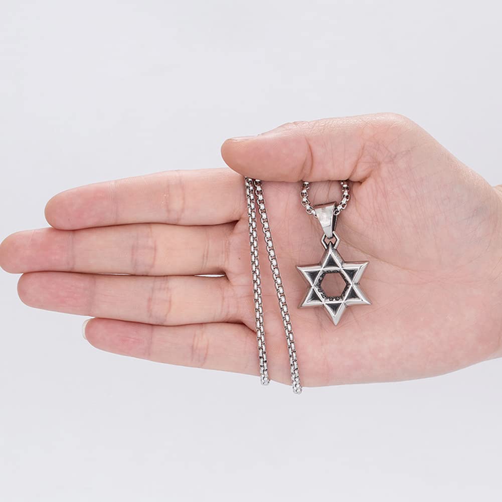 Rockyu 六芒星ネックレス メンズ ステンレス製 ダビデの星 ペンダント シルバー 60cmチェーン