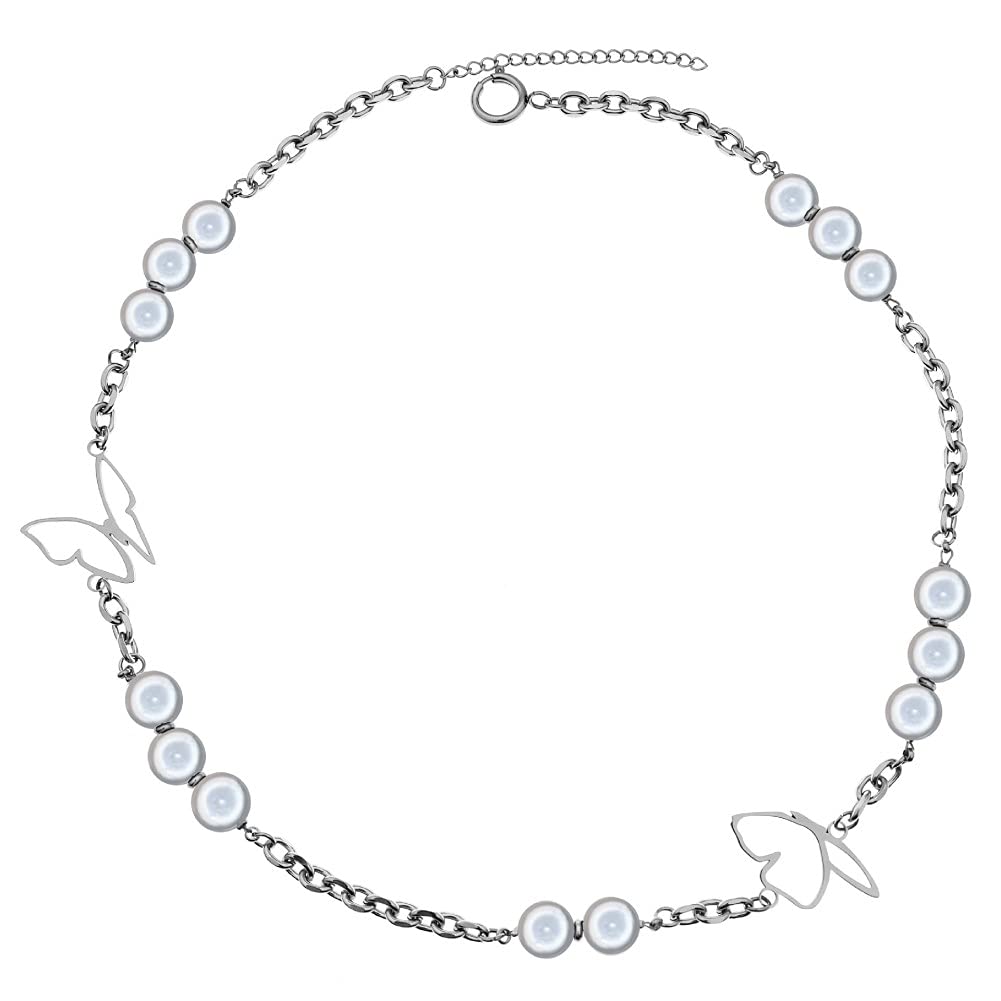 Rockyu ネックレス レディース 蝶々 パール シルバー チェーン 長さ50cm+5cm チタン 金属アレルギー対応 可愛い ブリンブリン アクセサリー
