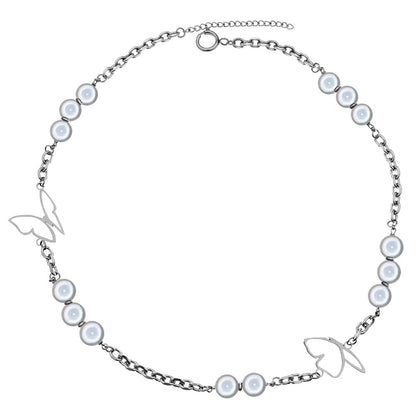 Rockyu ネックレス レディース 蝶々 パール シルバー チェーン 長さ50cm+5cm チタン 金属アレルギー対応 可愛い ブリンブリン アクセサリー