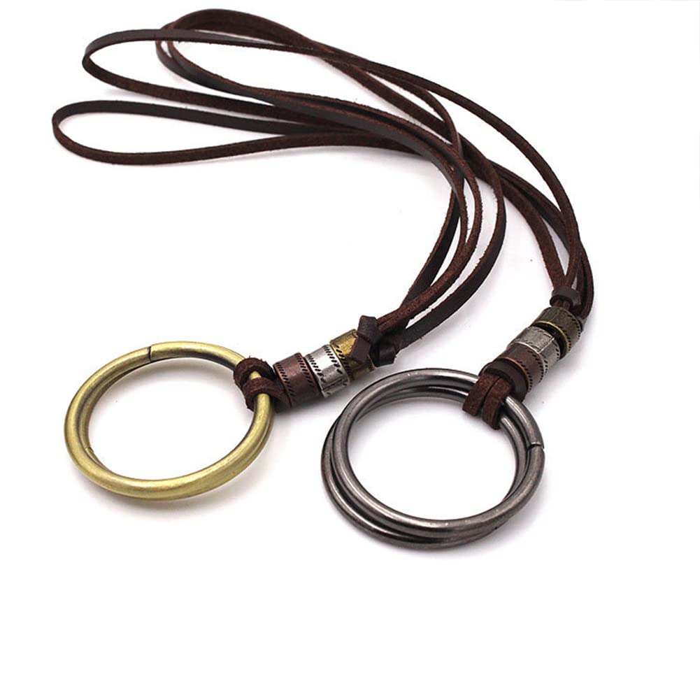 Rockyu メンズリングペンダントネックレス｜3連リング×レザー紐 60cm調整可ロングタイプ