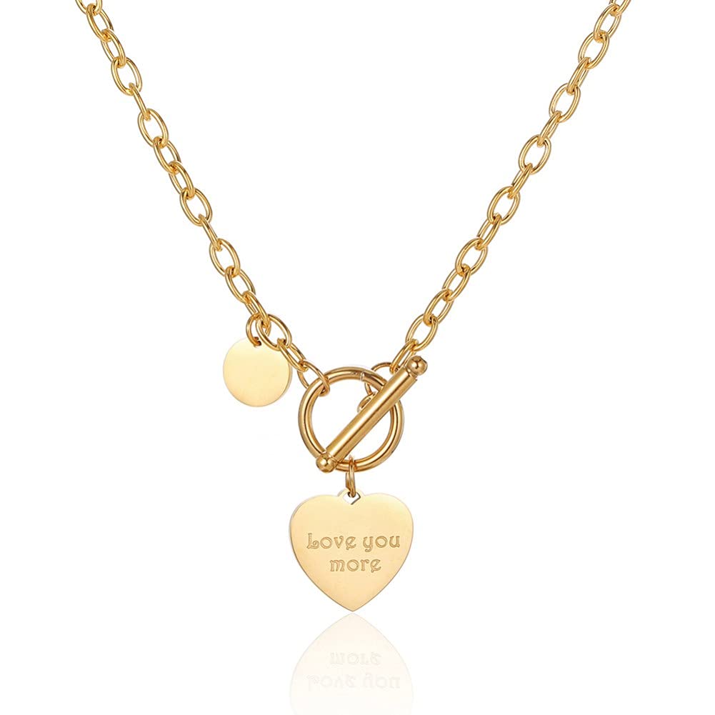 Rockyu チョーカー レディース ハートペンダント 「Love You More」 刻印 ゴールド & シルバー コイン付き