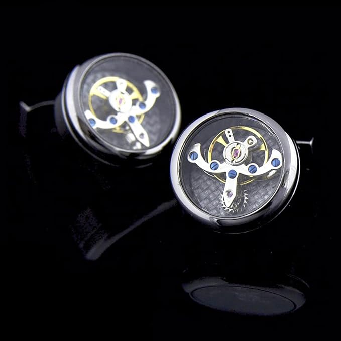 Rockyu 飛輪カフスボタン ダブルトゥールビヨン風デザイン スチームパンク調 3色展開 ユニセックス