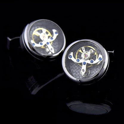 Rockyu 飛輪カフスボタン ダブルトゥールビヨン風デザイン スチームパンク調 3色展開 ユニセックス