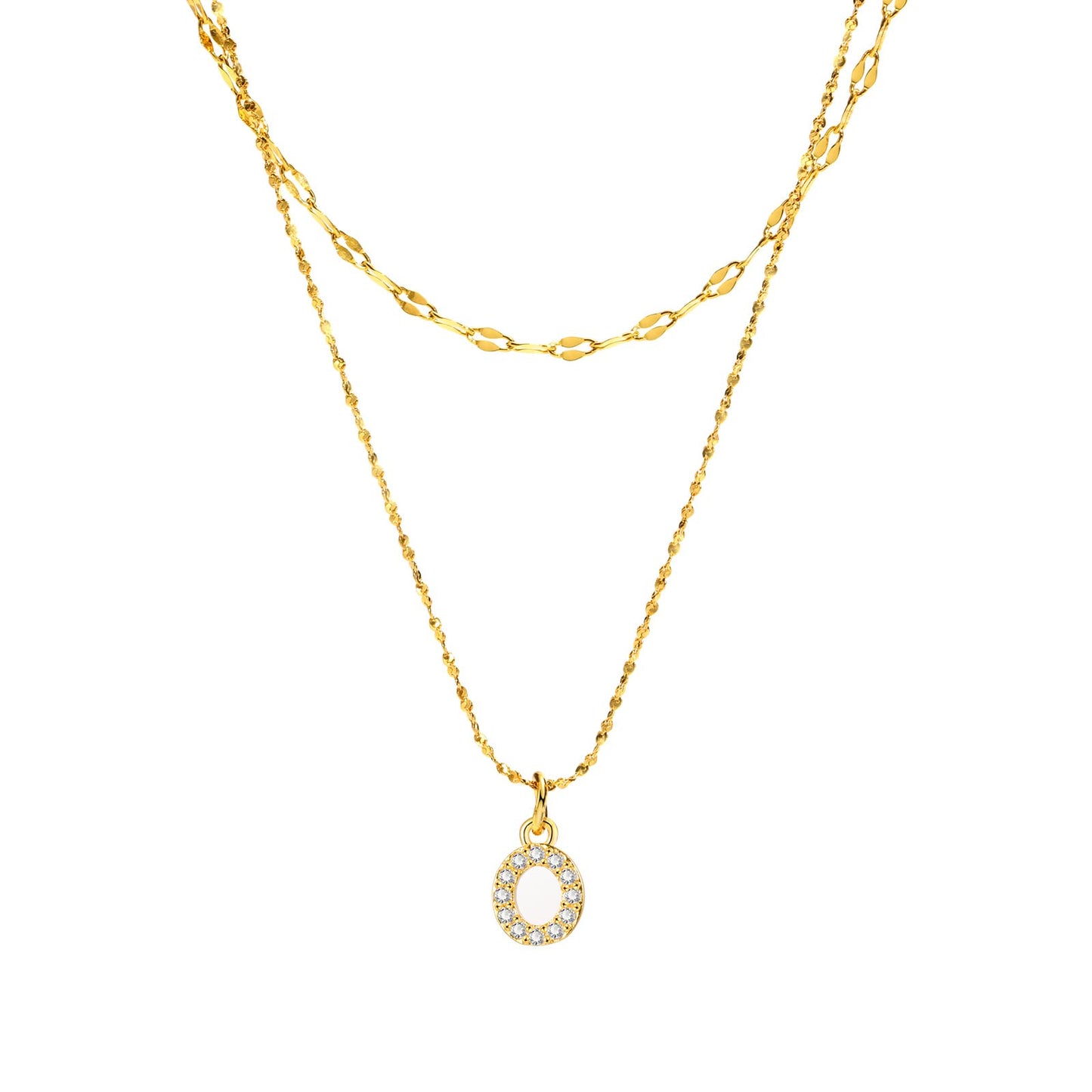 Rockyu イニシャルネックレス レディース ゴールド A〜Z 26文字 ジルコニア 二連チェーン ステンレス製 金属アレルギー対応