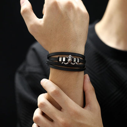 Rockyu メンズ 4連レザーブレスレット ブラック ヤギ頭モチーフ 編み込み お守り風 ステンレス 金属アレルギー対応
