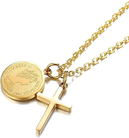 Rockyu ネックレス レディース ゴールド 十字架クロス＆コインペンダント ダブルチャーム