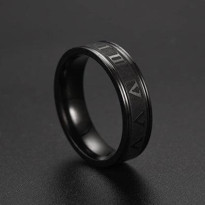 Rockyu ローマ数字リング メンズ ステンレス製 幅6mm ブラック・シルバー・ゴールド 3本セット