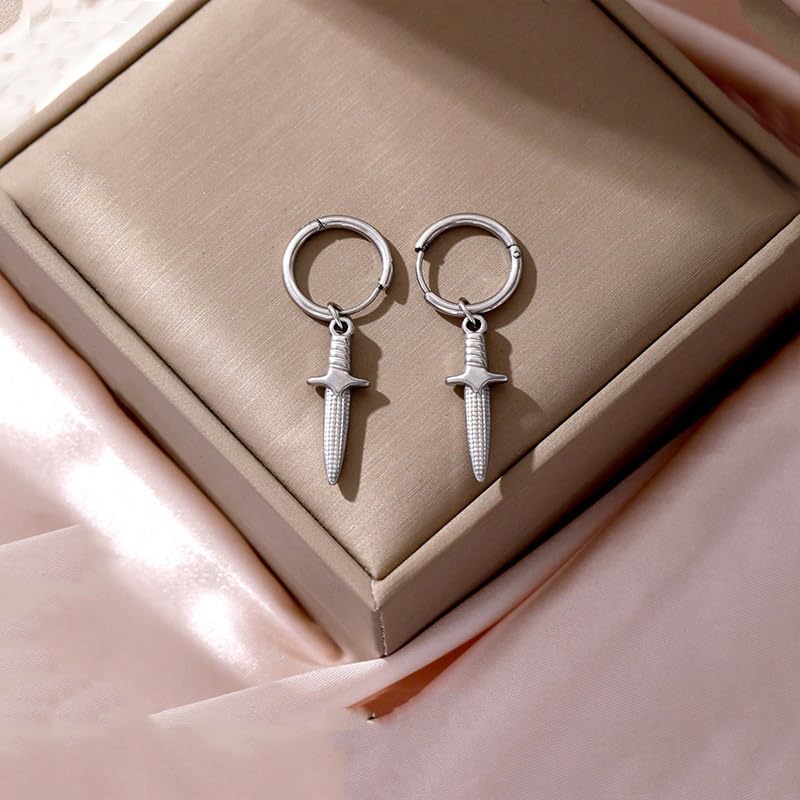 Rockyu ピアス メンズ シルバー ナイフモチーフ ステンレス 揺れる フープピアス 金属アレルギー対応