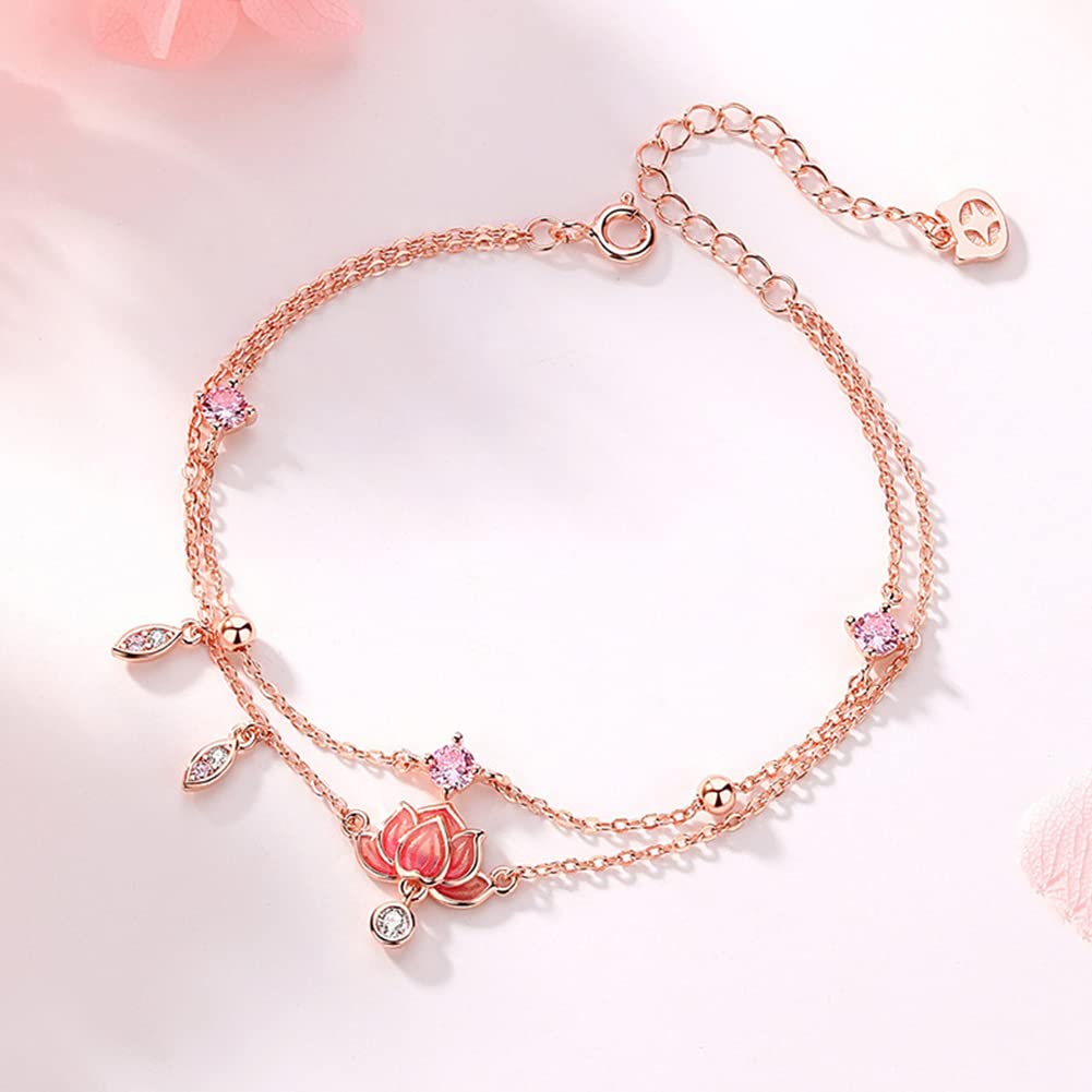 Rockyu アンクレット レディース ピンクゴールド 蓮華チャーム 二連チェーン 紫ジルコニア ステンレス 金属アレルギー対応