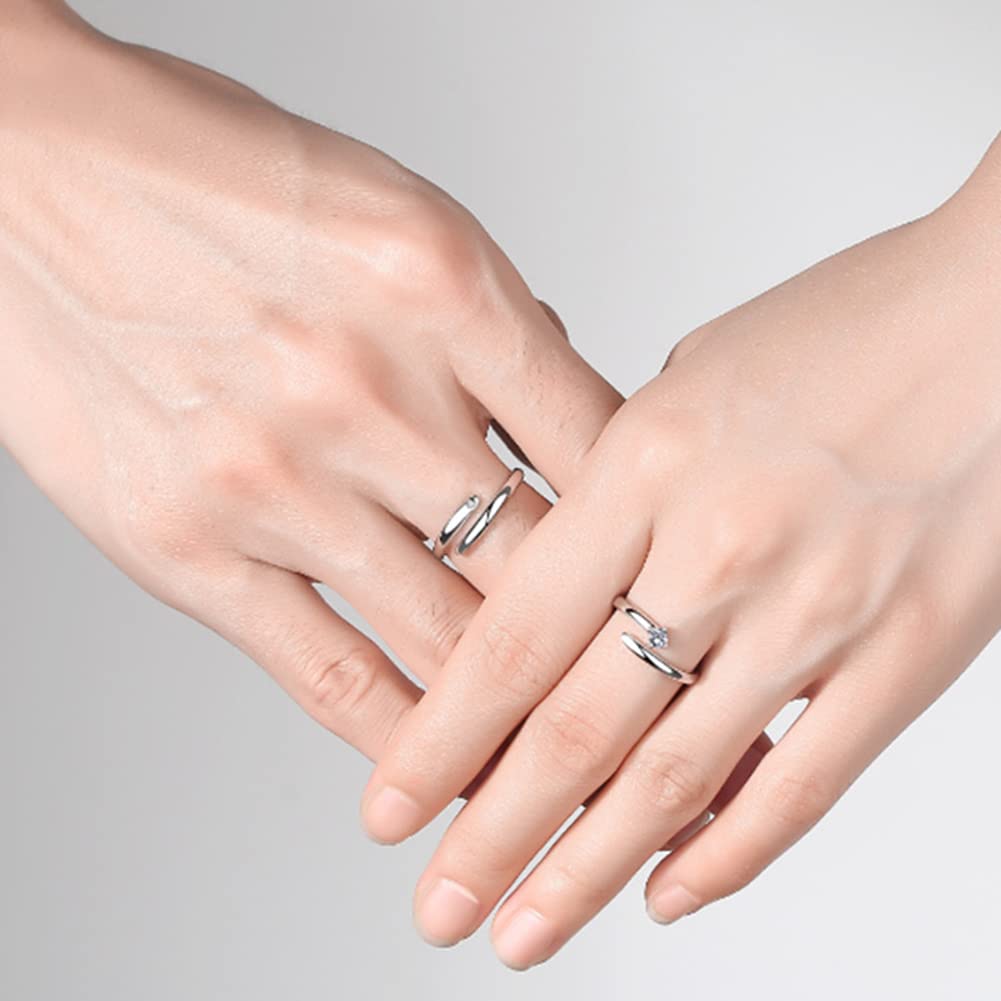 Rockyu ペアリング シルバー フリーサイズ ジルコニア オープンリング 2個セット カップル指輪 記念日・バレンタインギフト