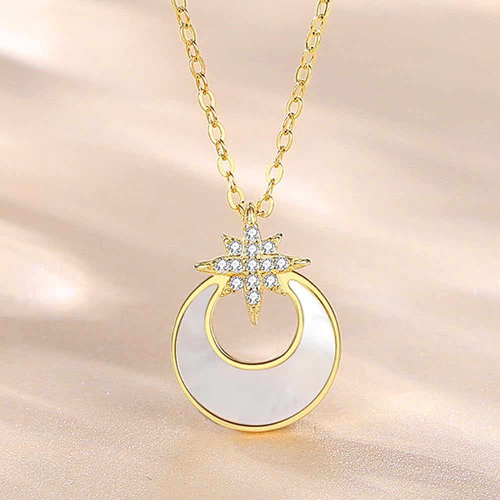 Rockyu ネックレス レディース 月と星 CZ 白蝶貝 ゴールド ステンレス ペンダント