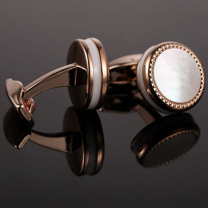 Rockyu メンズ 白蝶貝カフス ピンクゴールド ラウンドデザイン ステンレス製