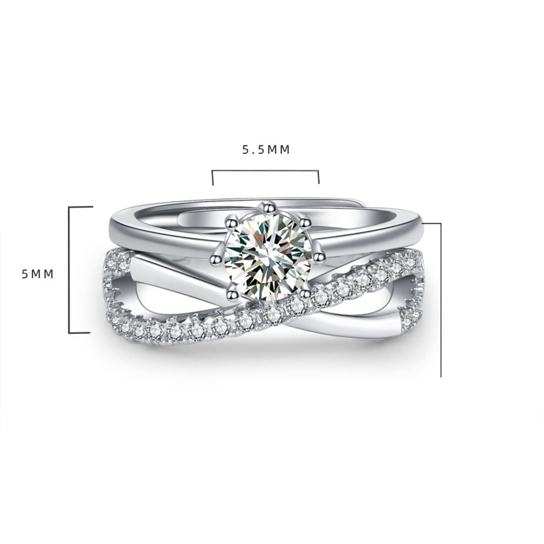 Rockyu 2連クロスリング ジルコニア装飾 フリーサイズ レディース指輪 幅広デザイン