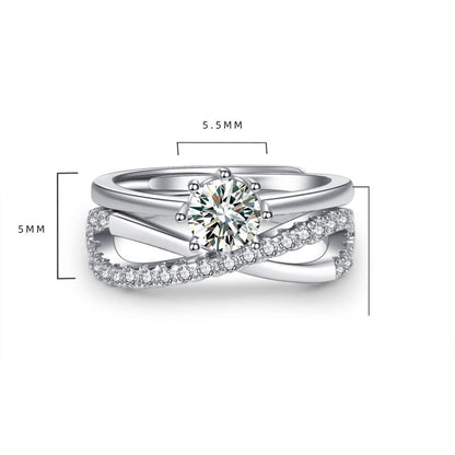 Rockyu 2連クロスリング ジルコニア装飾 フリーサイズ レディース指輪 幅広デザイン