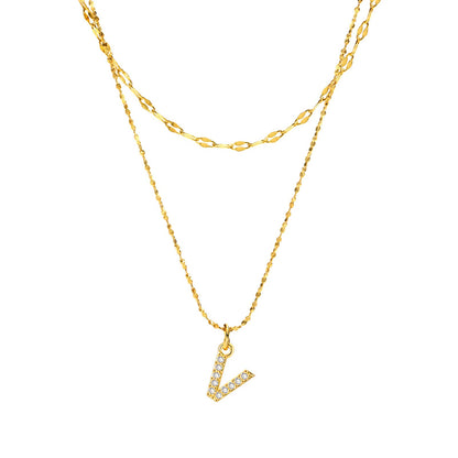 Rockyu イニシャルネックレス レディース ゴールド A〜Z 26文字 ジルコニア 二連チェーン ステンレス製 金属アレルギー対応