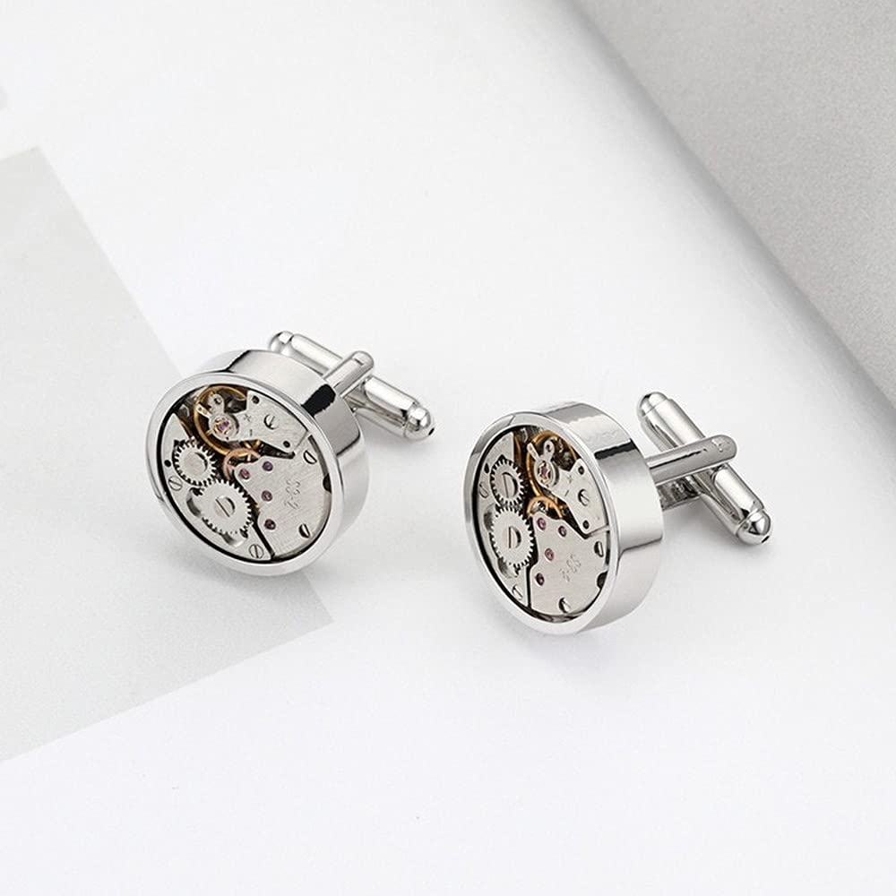 Rockyu メンズカフス 時計ムーブメント風メカニカルラウンドカフス シルバー