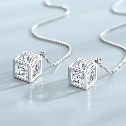 Rockyu ピアス レディース 925純銀 キューブデザイン ロングチェーンピアス 上品 大人かわいい