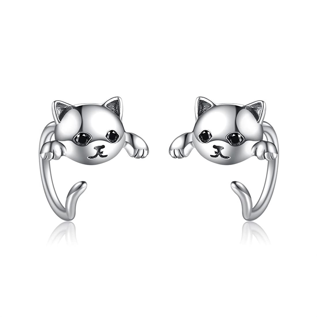 Rockyu ピアス レディース 猫モチーフ シルバー925 ブラック 光沢仕上げ 金属アレルギー対応