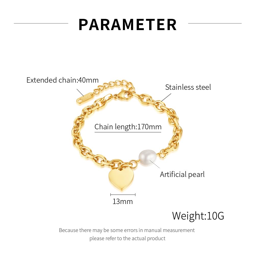 ブレスレット レディース ブランド シルバー ゴールド 真珠 ハートブレスレット パール 心型 ペンダント あずきチェーン 太め 調整可能 ステンレス 金属アレルギー対応 おしゃれ 誕生日 プレゼント アクセサリー