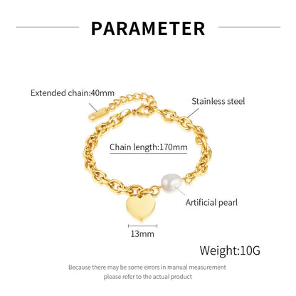 ブレスレット レディース ブランド シルバー ゴールド 真珠 ハートブレスレット パール 心型 ペンダント あずきチェーン 太め 調整可能 ステンレス 金属アレルギー対応 おしゃれ 誕生日 プレゼント アクセサリー