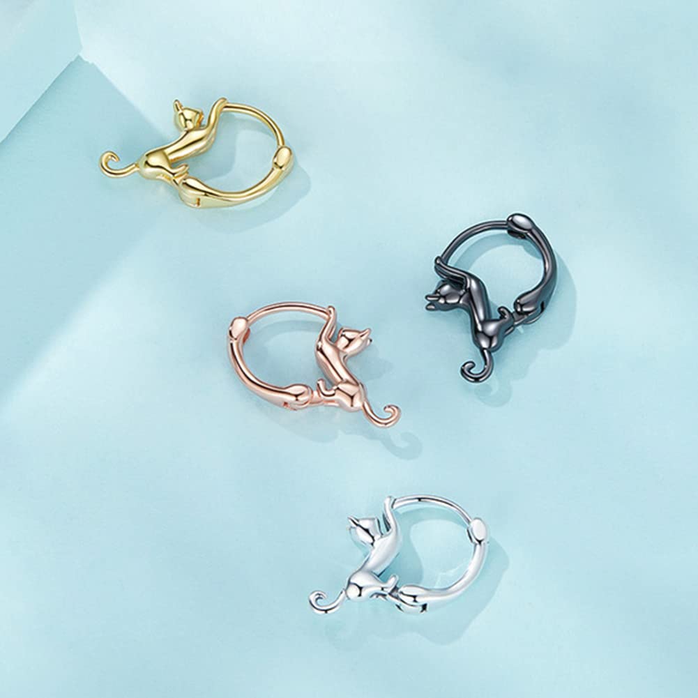 Rockyu レディース 猫フープピアス S925 シルバー製 動物モチーフ アレルギー対応