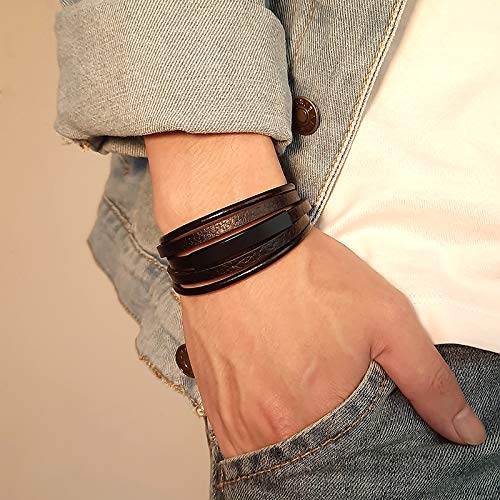 Rockyu レザーブレスレット メンズ 多重巻き ステンレスプレート付き 3色展開