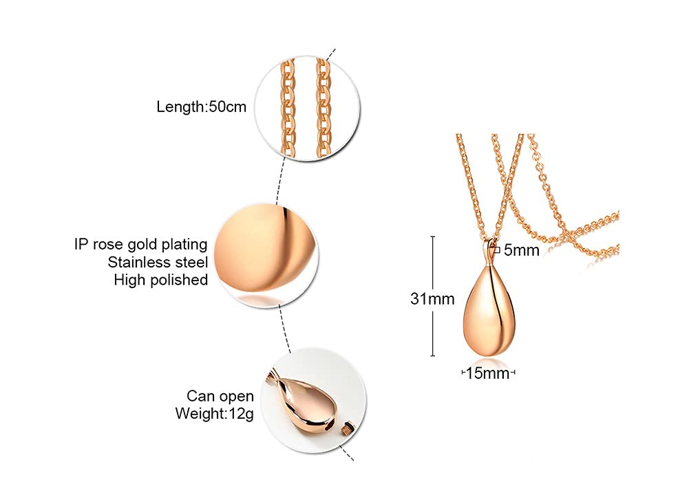 Rockyu 涙型メモリアルネックレス 遺骨ペンダント ステンレス製 金属アレルギー対応 手元供養 50cm