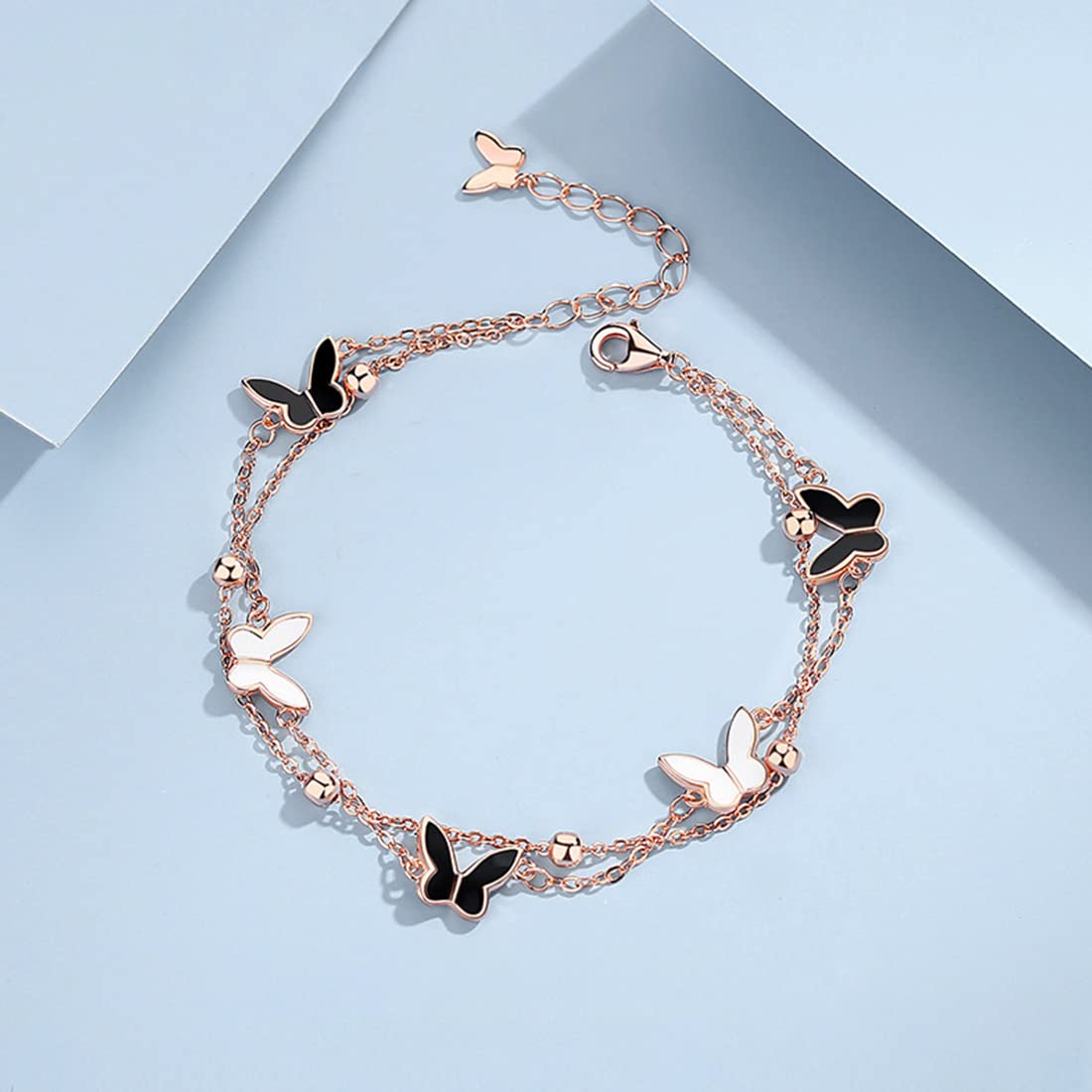 Rockyu ブレスレット レディース ピンクゴールド 18k エナメル 蝶々 バタフライブレスレット 二連チェーン 昆虫モチーフ誕生日 記念日 おしゃれ アクセサリー