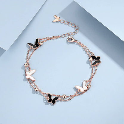 Rockyu ブレスレット レディース ピンクゴールド 18k エナメル 蝶々 バタフライブレスレット 二連チェーン 昆虫モチーフ誕生日 記念日 おしゃれ アクセサリー