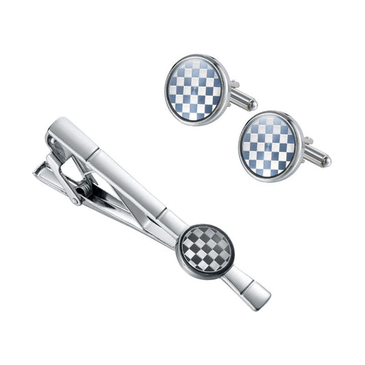 Rockyu メンズ シルバー タイピン＆カフスセット（馬・市松模様）