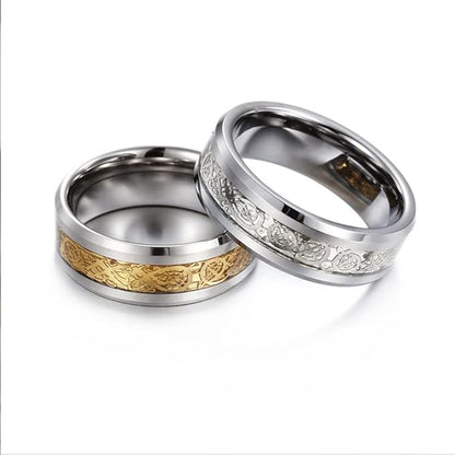 Rockyu タングステン 龍紋デザインリング メンズ レディース 幅6mm 8mm シルバー ゴールド ブルー