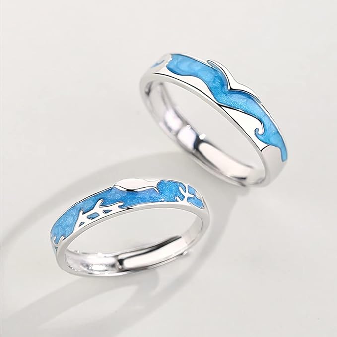 Rockyu ペアリング シルバー925 波と珊瑚デザイン フリーサイズ カップル指輪