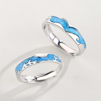 Rockyu ペアリング シルバー925 波と珊瑚デザイン フリーサイズ カップル指輪